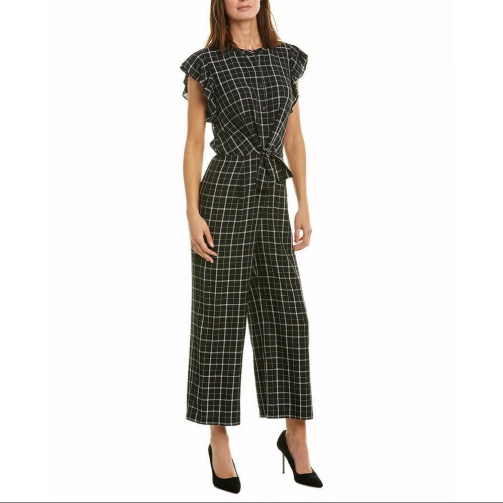 New 1. State black plaid ruffle sleeve jumpsuit